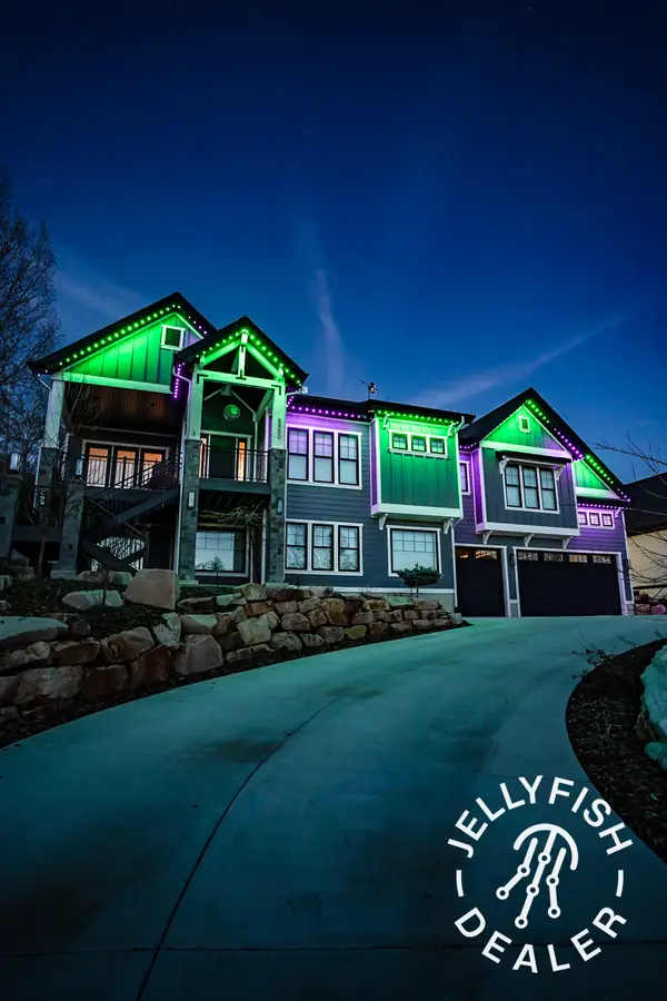 Home lit with green and purple Jellyfish permanent lights